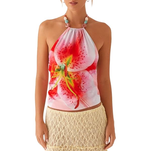 Y2k Floral Tank Tops for Women Hibiscus Flower Print Cami Tops